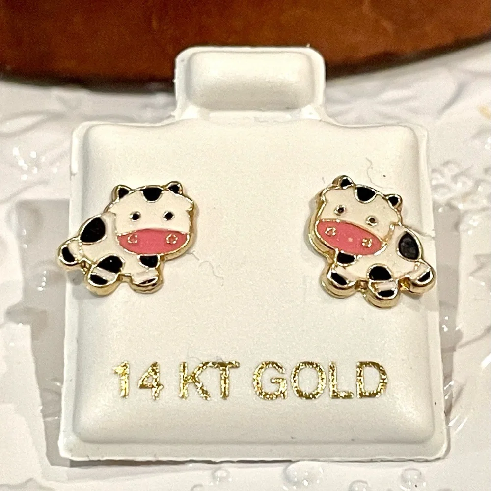 14KT Gold Kids Cow Stud Earrings — Pink & White Enamel with Ball Screw Back
